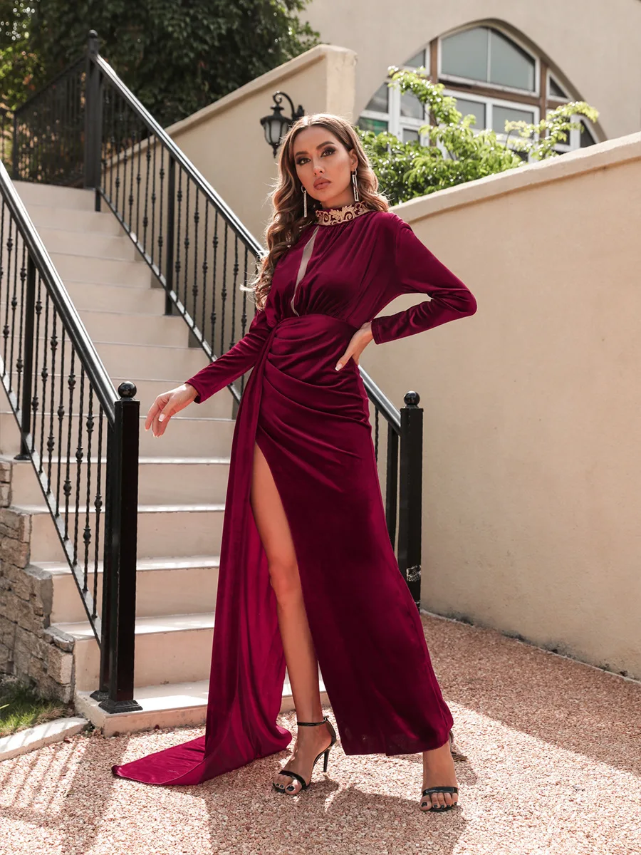 

Women Dress Sexy Long Sleeve Half Turtleneck Hollow Stitching Pleated High Waist Spring and Autumn Solid Color Slit Long Dress