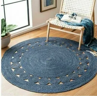 Round Blue Jute Rug Reversible  Natural Handmade Carpet Braided Modern Look Rugs for Bedroom Home Living Room Decoration