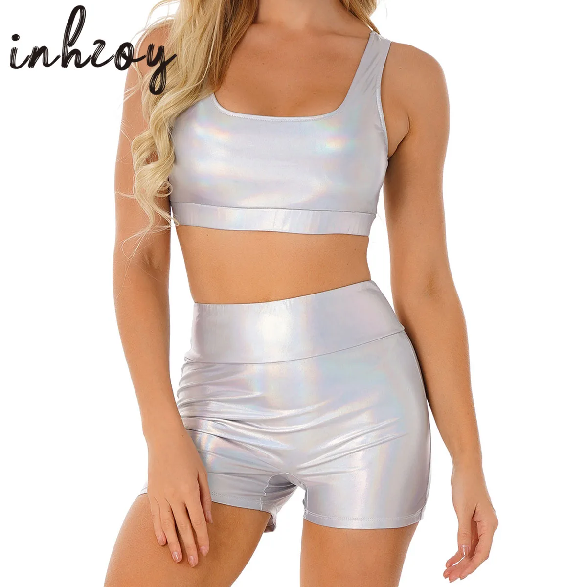 

Women Sexy Metallic Shiny Bikini Outfits Pole Dance Rave Costume Tank Crop Tops &Boy Shorts Set Hollow Out Night Club Clubwear