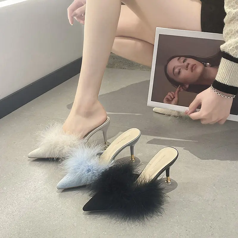 

Sandals Rubber Shoes for Women 2023 Heeled Slides Off White Mules Woman Slippers Fluffy Summer Fuzzy Furry Luxury Footwear F Vip