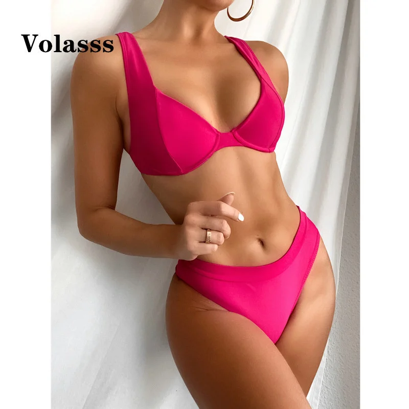 

Gather Swimsuit New Sexy Women's Push Up Bikini Set Solid Color Lady Beach Swimwear Biquini High Waist Sling Bathing Suit Summer