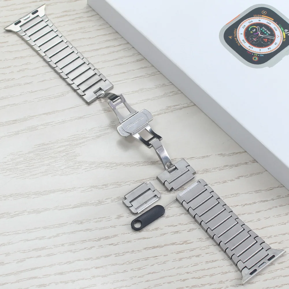 Stainless Steel Watch Band for Apple Watch Ultra 49mm Screen Protect Glass + Titanium Color Butterfly Link Bracelet 49mm Strap