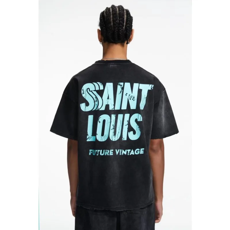 

Saint Louis High Street T-shirt Handmade, Worn, Dirty, Speckled, Damaged Logo Short Sleeve T-shirt for Men and Women