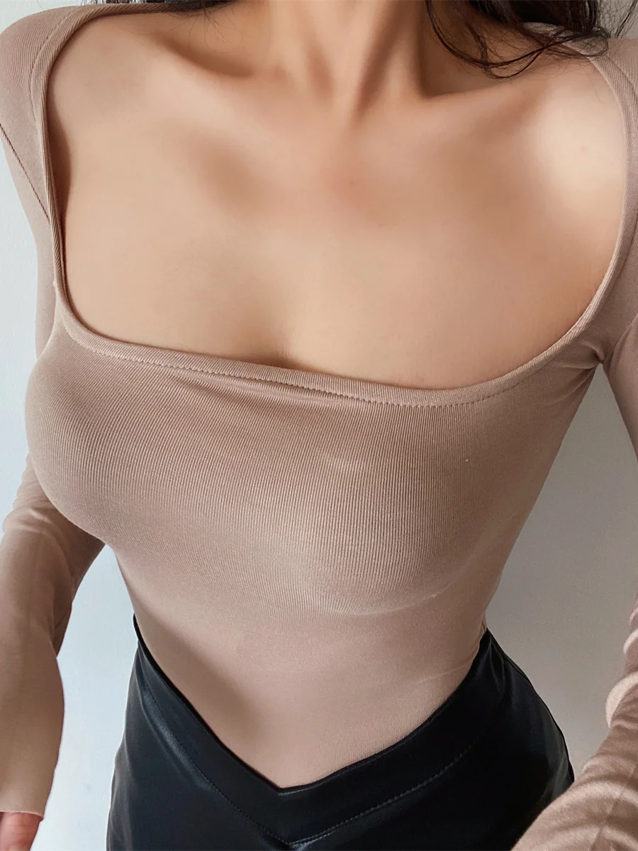 

2022 New Sweet Retro Fashion Slim Square Collar Long Sleeve T-shirt Solid Color Casaul Sexy Fashion Hot Sexy Korean Tees 7JW