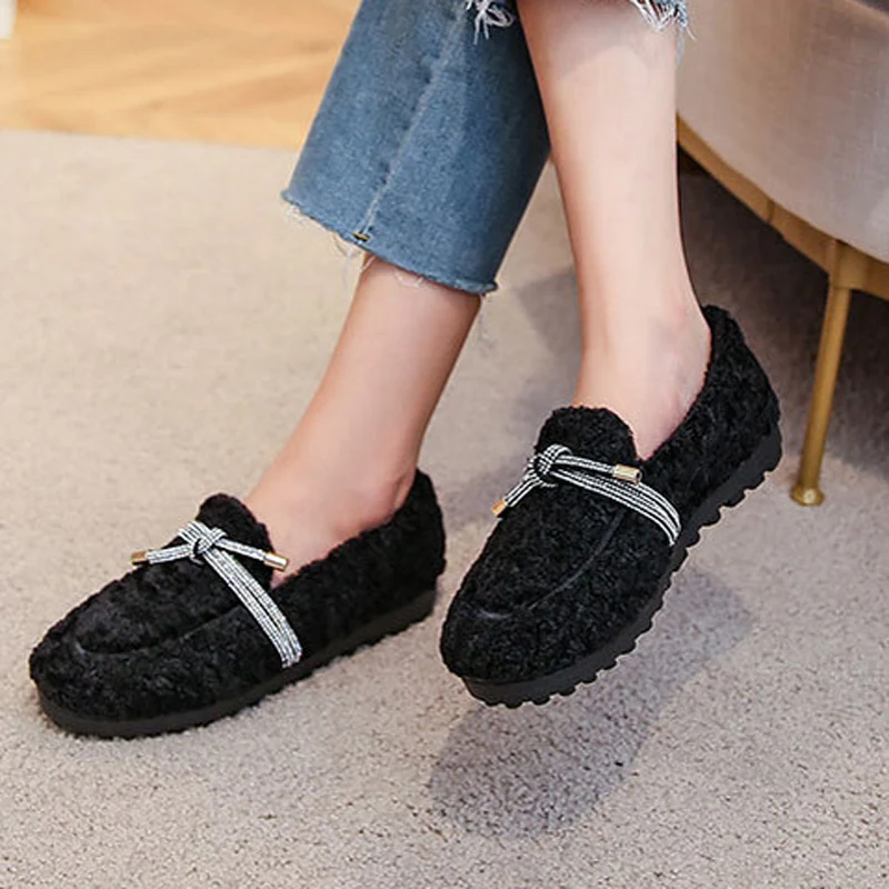 Crystal String Bowtie Loafers Women Curly Lambswool Flats Winter Cotton Shoes Ladies Office Dress