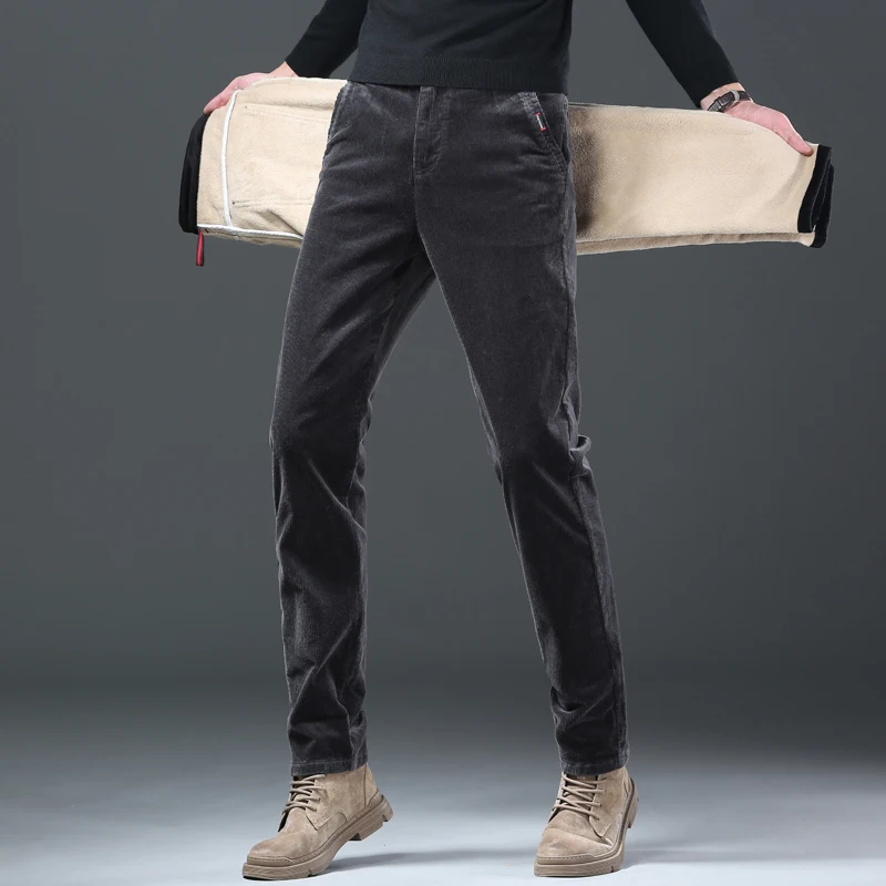 Мужские повседневные утепленные брюки темно-синие вельветовые деловые с