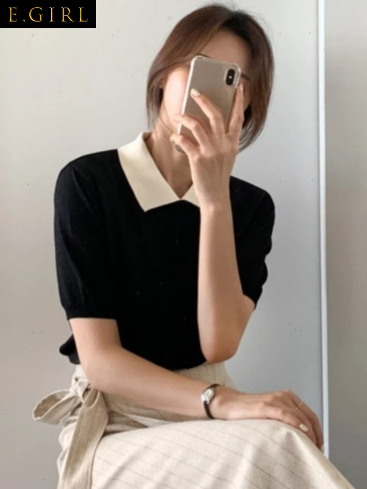 

E GIRLS Woman Tshirts Vintage Knitted Ice Silk Short Top 2022 Women's Fashion Striped Casual T-shirt T Shirts