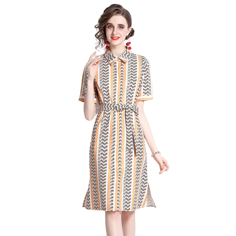 

Simgent Women Summer Dress 2022 Striped Turn Down Collar A Line Slit Elegant Short Sleeve Blouse Dresses Vestidos Jurken SG22241