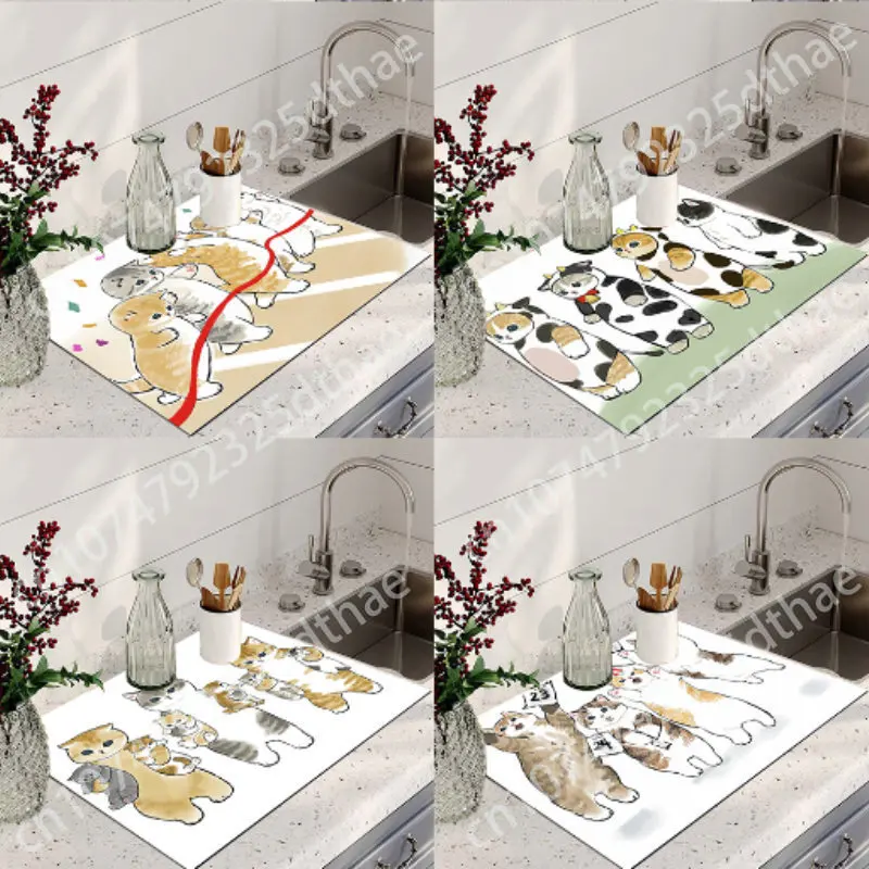 

Japanese Cute Cartoon Cat Modern Super Absorbent Drain Pad Anti-Slip Dish Drying Mat Waterproof Diatomic Aesthetic Kitchen Decor