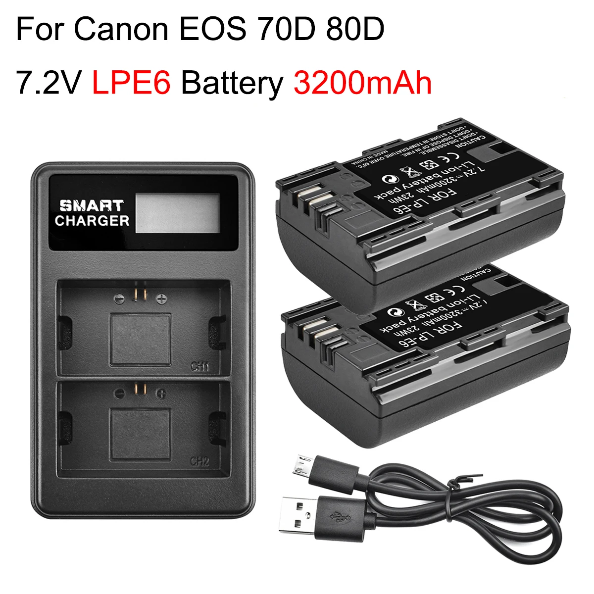 

2X 3200mAh LP E6 LPE6 LP-E6 E6N Battery + LED Dual Charger For Canon EOS 5DS R 5D Mark II 5D Mark III 6D 7D 70D 80D Camera