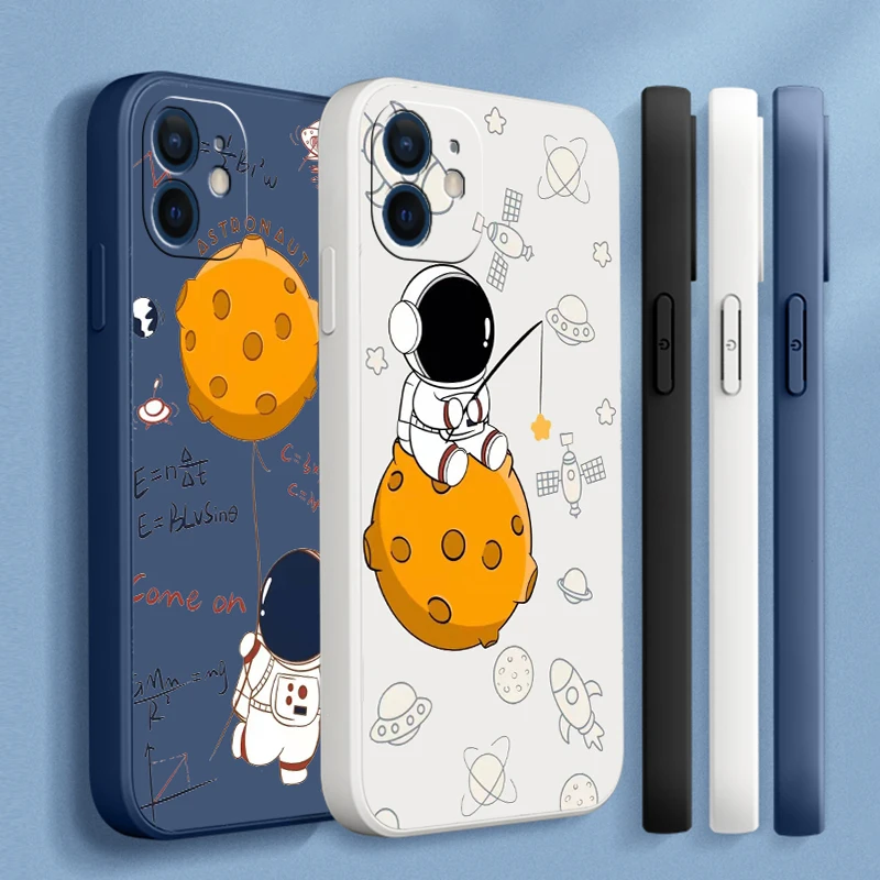 

For iPhone 11 12 13 Pro Mini Max SE 2020 X XR XS Max Creative Astronaut Phone Liquid Silicone Cases For 6 6s 7 8 Plus Funda Capa