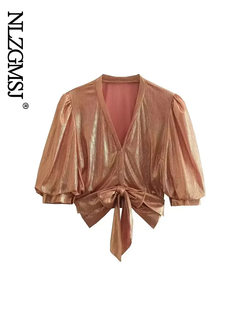 

Женская декорированная блузка с бантом Nlzgmsj 2022, Модные Винтажные осенние Элегантные повседневные облегающие топы с V-образным вырезом и дли...