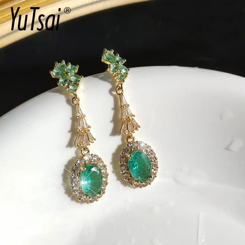 

YUTSAI Vintage Fashion Green Zircon Earrings Gentle Elegant Alloy Rhinestone Drop Earrings for Women Jewelry Gifts YT810