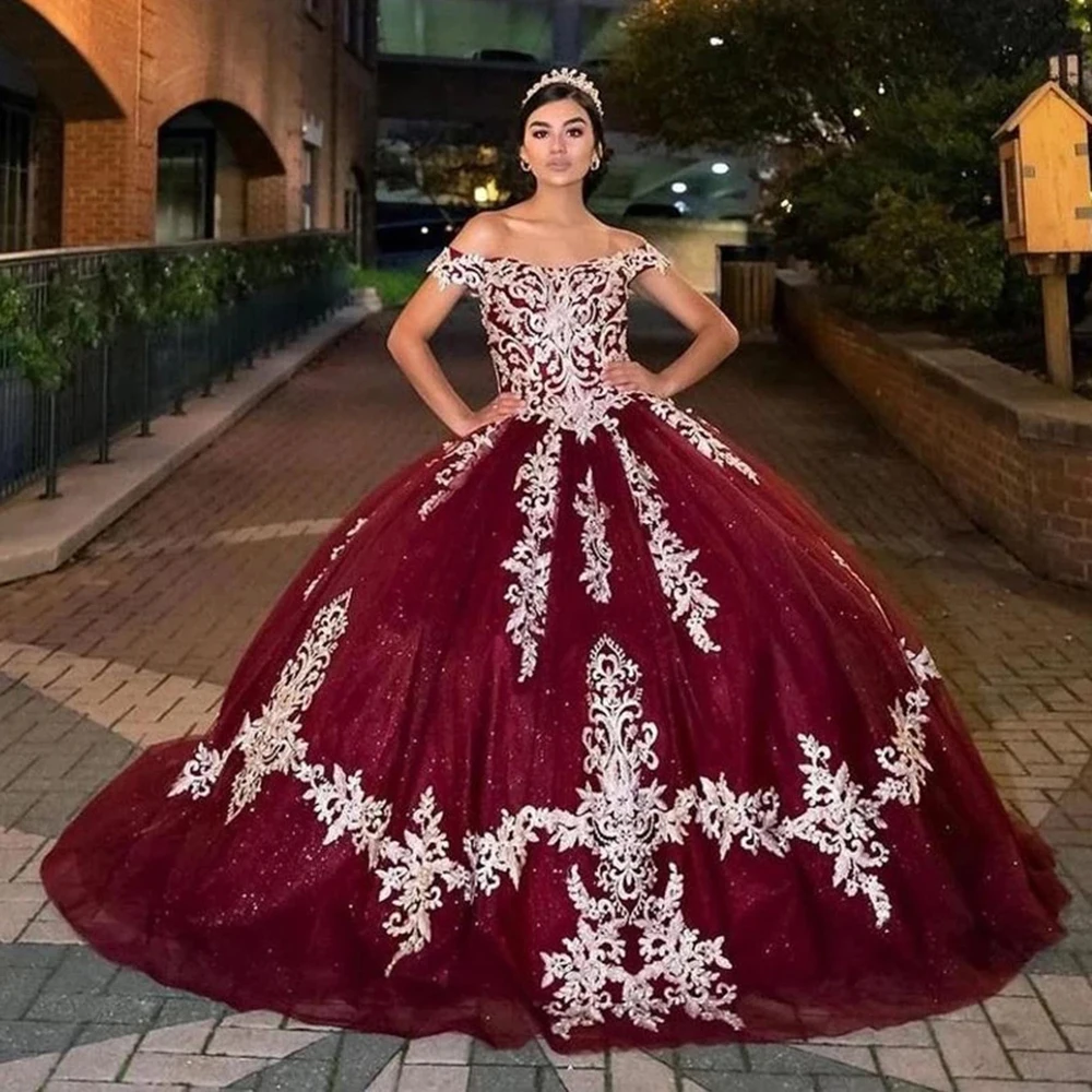 Блестящее Тюлевое бальное платье принцессы с аппликацией и открытыми плечами