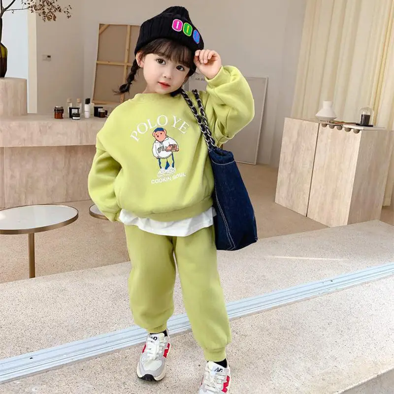 Girls' Autumn and Winter Clothes 2022 New Children's Fleece-Lined Sweater Children's Casual Trousers Baby Girl Two-Piece Suit