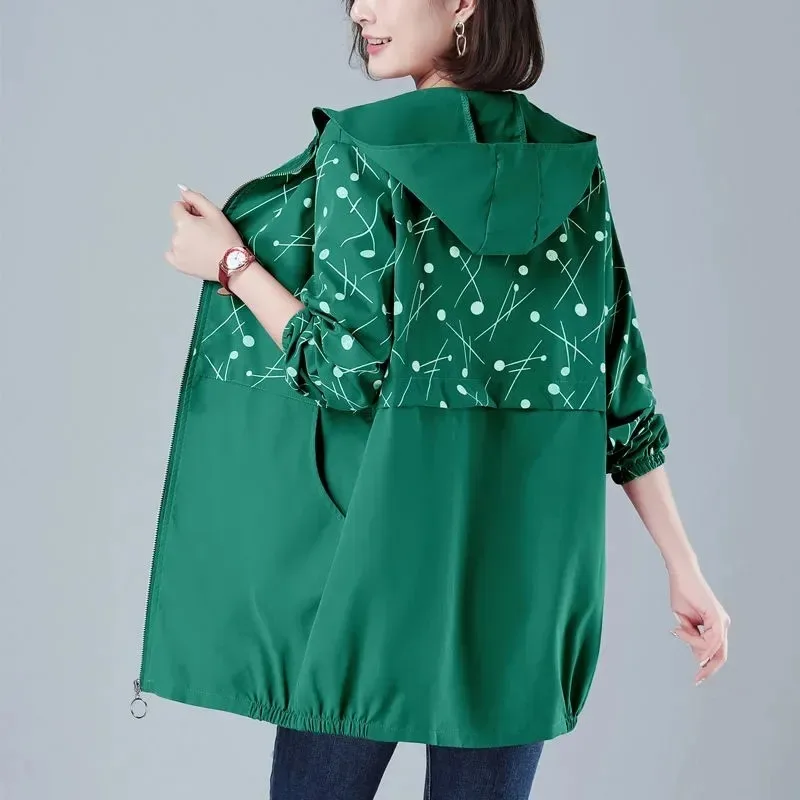 

Fashion Print Thin Windbreaker Women 2023 Spring Autumn Mother Coat Female Hooded Mid-Length Baseball Uniform Loose Jacket