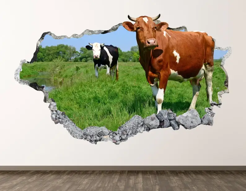 

Farm Cow Wall Decal - Animal 3D Smashed Wall Art Sticker Kids Room Decor Vinyl Home Poster Custom Gift KD697