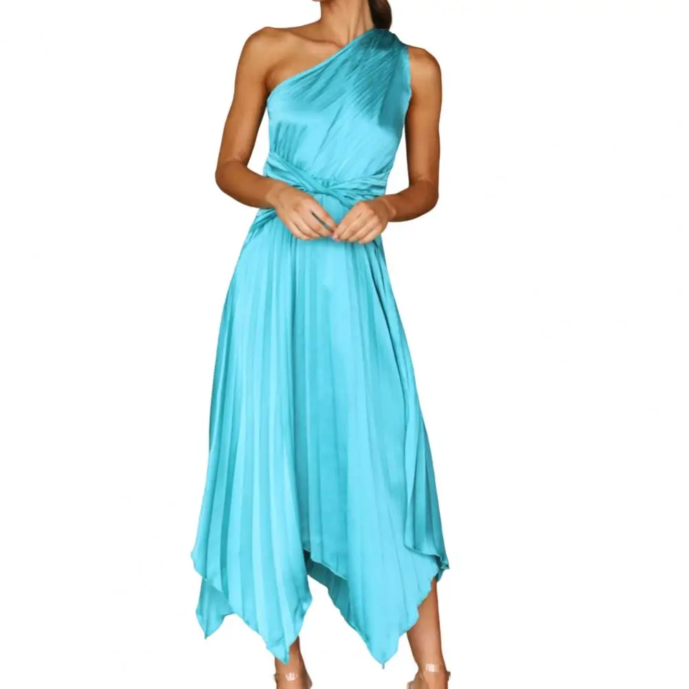 

Evening Dresses for Women 2022 Summer Sleeveless One Shoulder Waist Tight Irregular Hem High-Waist Midi Dress Pleated