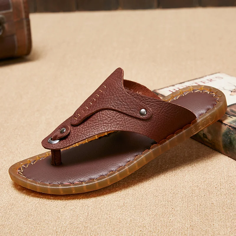 

YIGER Men's Flip Flops Genuine Leather 2022 summer new men's online flip-flop sandals Tendon Sole Comfort Slippers Man Outdoor