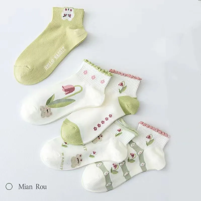 5 Pairs Women Cotton Floral Cartoon Cute Socks Set Spring Summer Female Girls Breathable Students Short Socks Set For Women