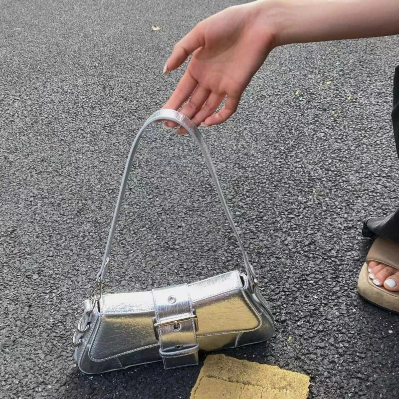 Korean Bag for Women PU Leather Chic Silver Shoulder Armpit Bag 2023 Fashion Ladies Party Purses and Handbags All Match Bolsas