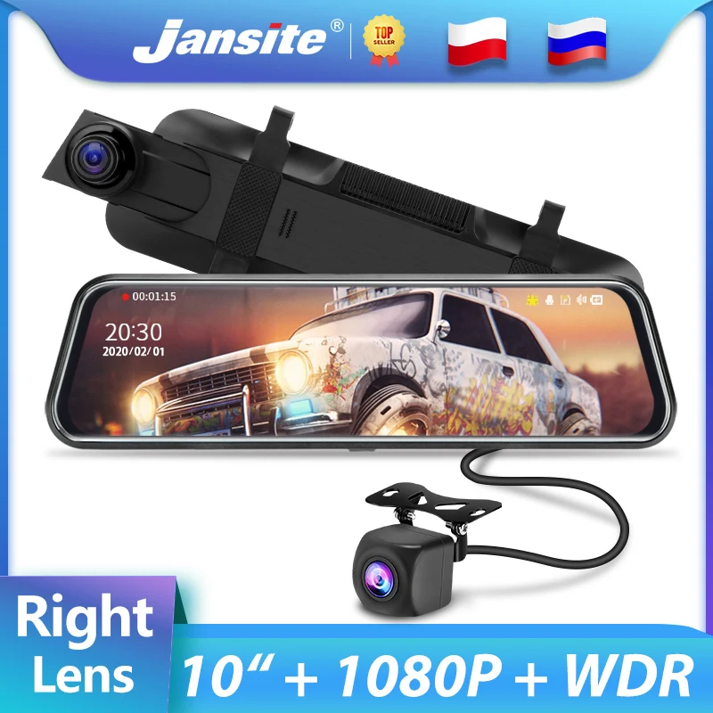

Jansite 10" Right Lens Car DVR Touch Screen 1080P Front Rear Camera Dash cam Auto Video Recorders Rearview Mirror Built-in WDR