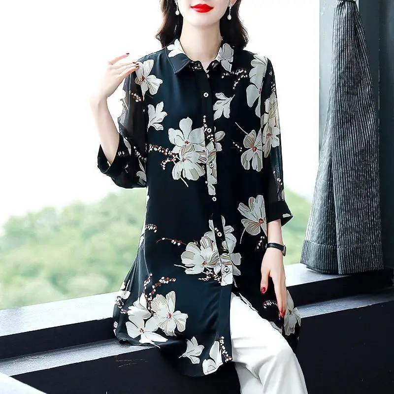 

Vintage Elegant Women's Half Sleeve Printed Blouse Fashion Turn-down Collar Single-breasted Chiffon Shirt Female Clothing A97