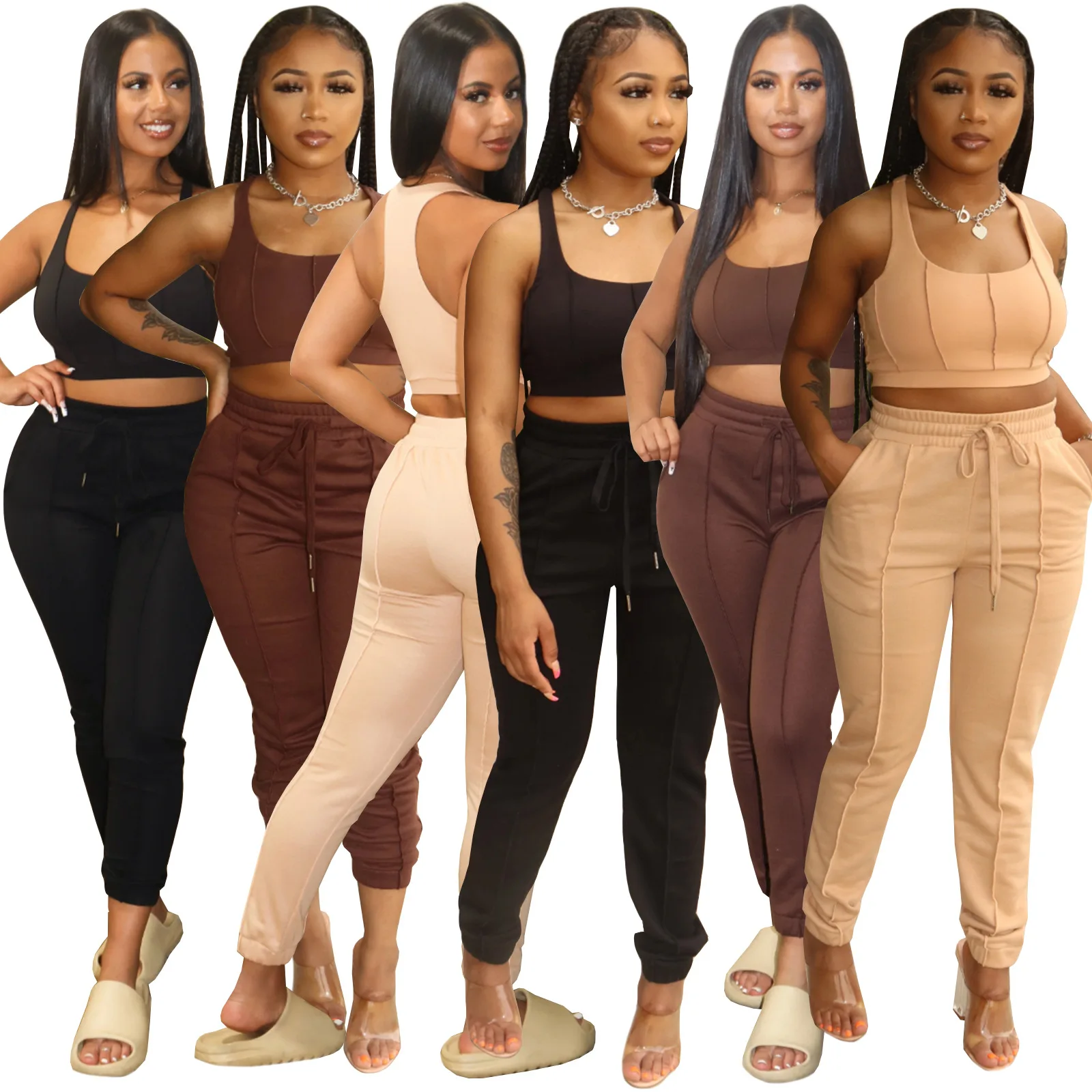 

Casual Summer Women Top Vest Positioning Line Slant Pocket Slim Bundle Feet Sports and Leisure 2 Piece Sets Womens Outfits