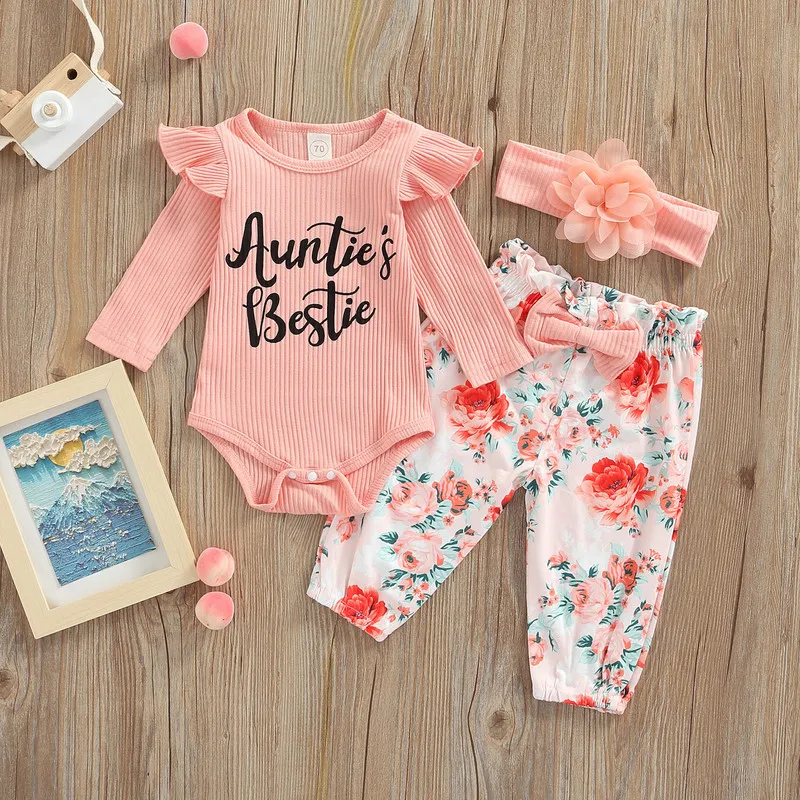 

Baby Girl Clothes for New Born Bodysuit Set Spring Autumn Ribbed Letter Print Ruffle Long Sleeve Jumpsuit Floral Pants Hairband