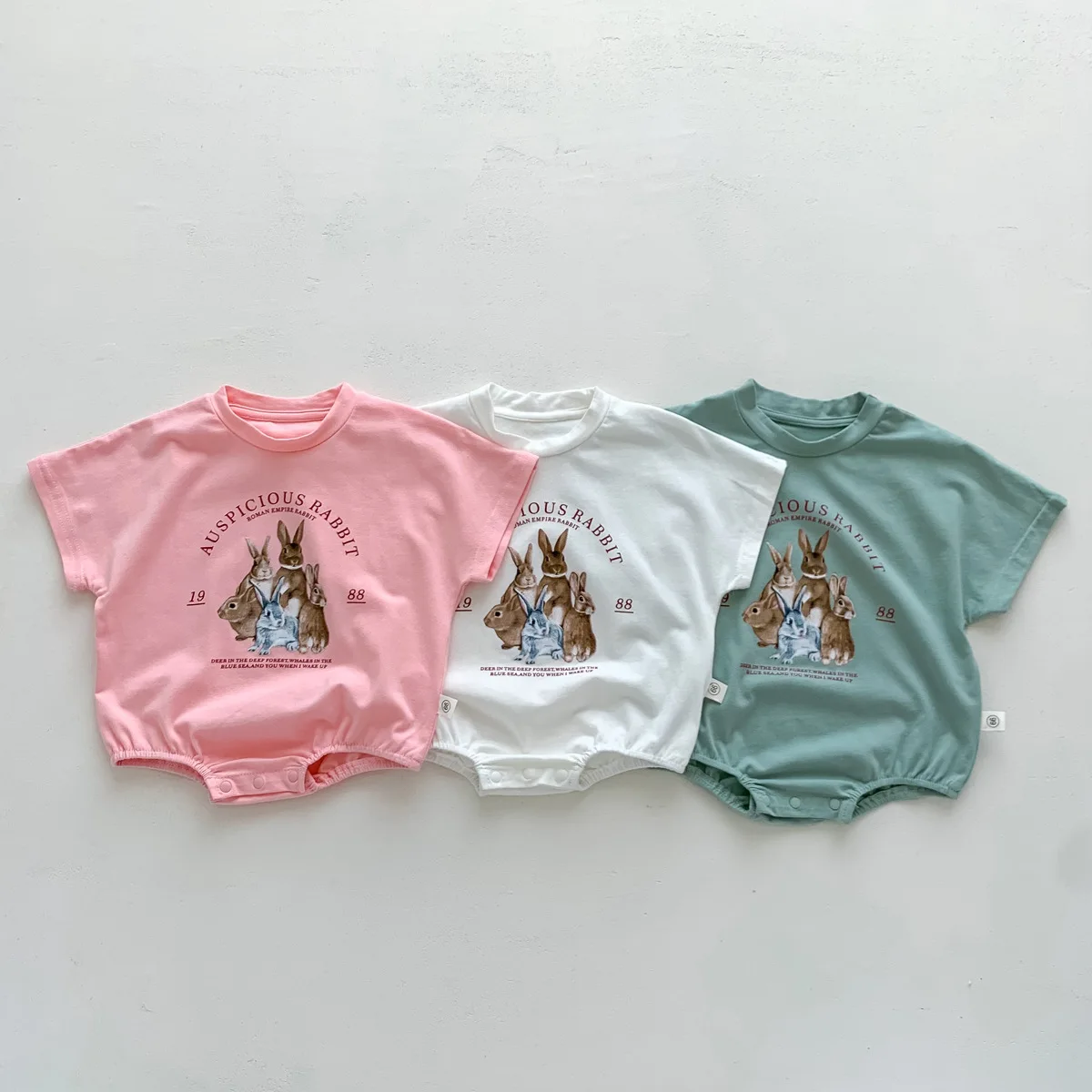 

Kid Clothing Summer Thin Boy Baby Cute Rabbit Print Bodysuit Girl Infant Letter Short Sleeve Romper Toddler Cotton Casual Onesie