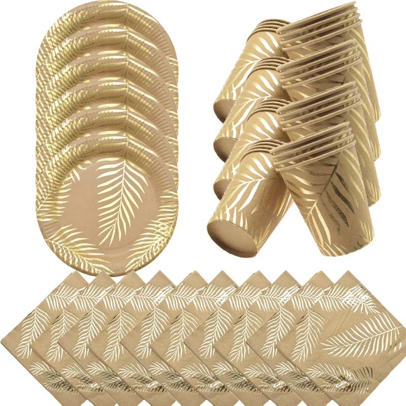 

Hawaiian Theme Birthday Party Supplies Gold Foil Tropical Palm Leaves Plates Disposable Tableware Baby Shower Wedding Decoration