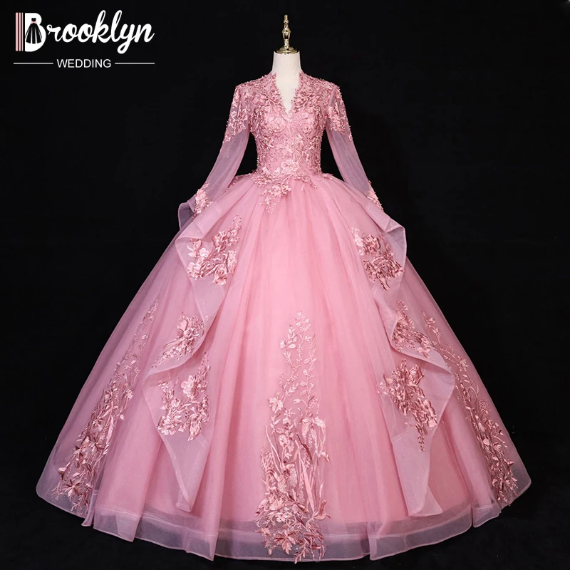 

Long Sleeve Quinceanera Dresses 2021 Open Back Princess Sweet 15 Ball Gown Lace Appliques Sequins Pageant Dress Pink Party Dress