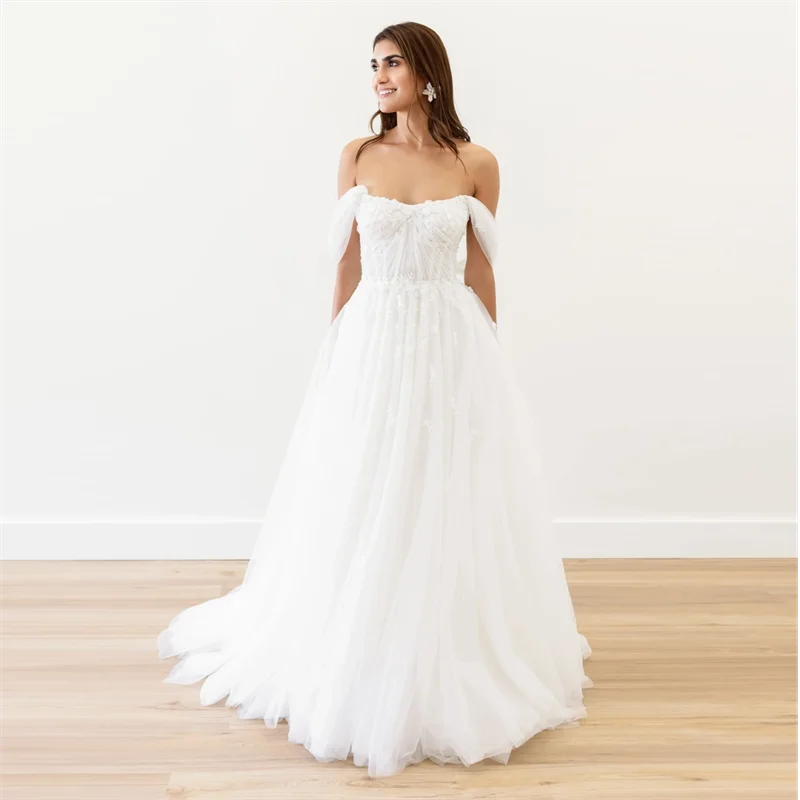 

FIDDY898 A-line Wedding Dress Off-the-shoulder Sleeve Sweetheart Elegant Bridal Gowns for Women Vestido De Noiva C75