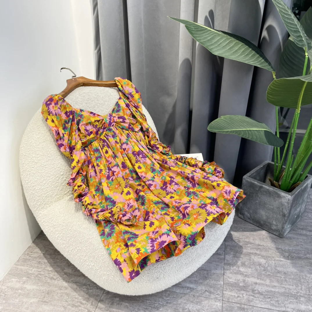 

New Arrival Top Quality 2022 Summer Cotton Floral Print Orange Wide Neckline Pleated Sleeve High Waist Front Bow Mini Dress Lady