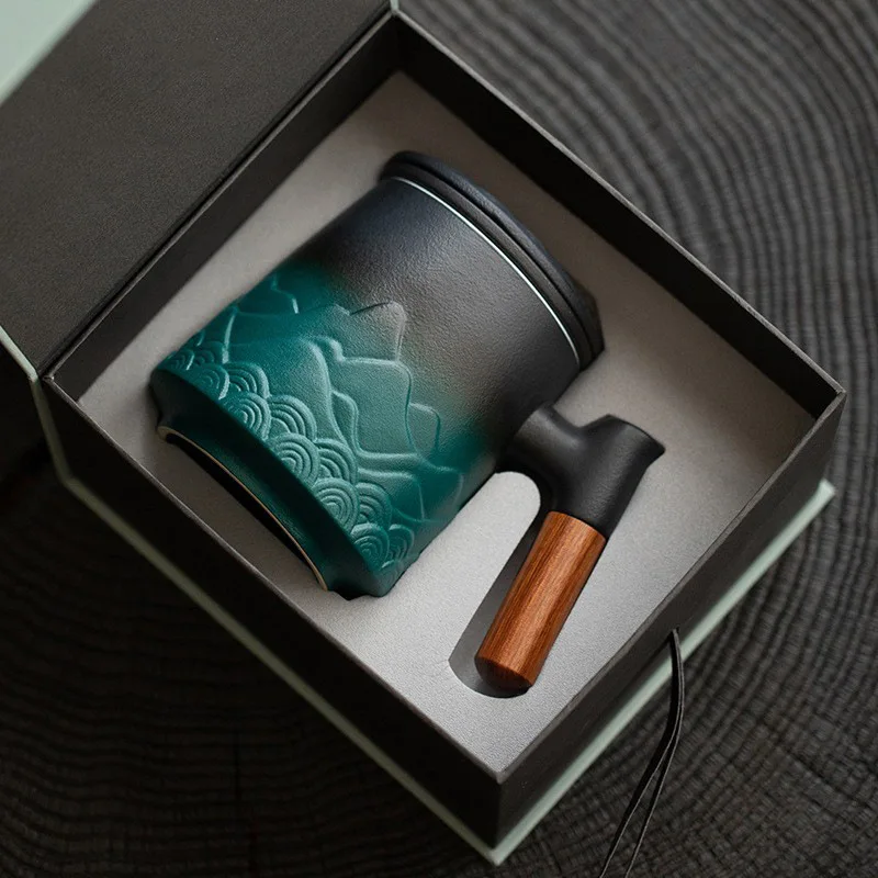 

Ceramic Mug Tea Cup Vintage Coffee Breakfast Cups and Mugs with Infuser Lid Water Cup Strainer Wooden Handle Personalized Gifts