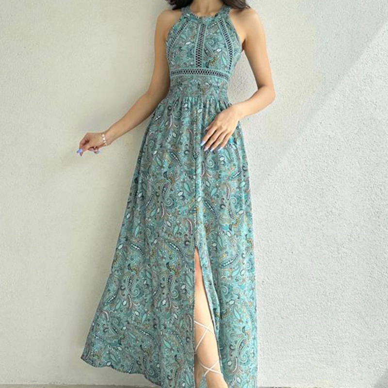 

Preciosoo Women‘s Summer Fashion Dress Halter Backless Lacing Hollow Floral Print Seeveless Slit Elegant Evening Party Robe