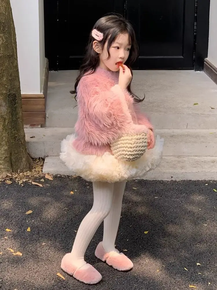 Корейский комплект детской одежды осень-зима 2024 новый розовый меховой топ для