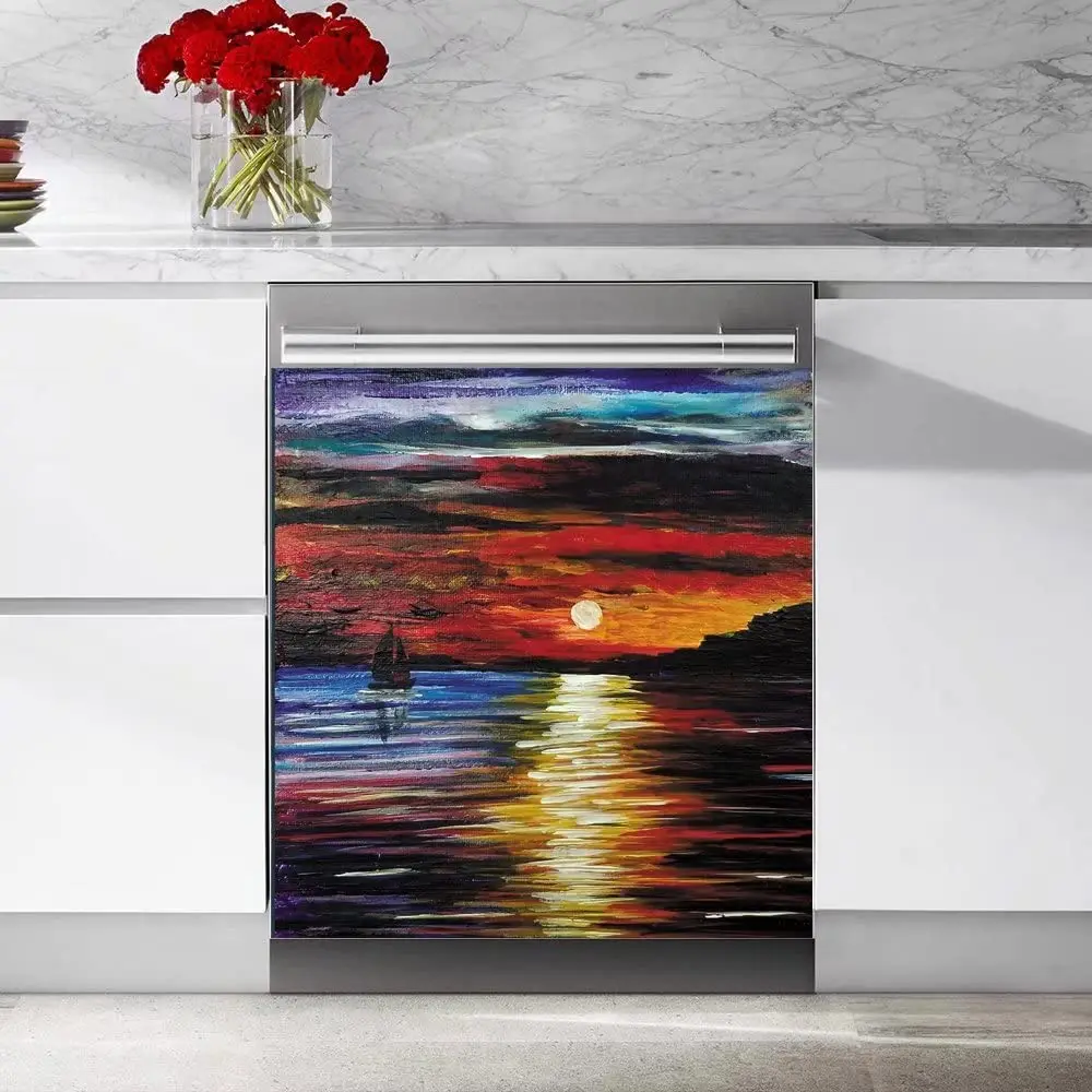

Oil Painting Sea and Sunset View Dishwasher Magnet Cover Sticker,Magnetic Refrigerator Sticker,Cabinets Panels Decor Decals Appl