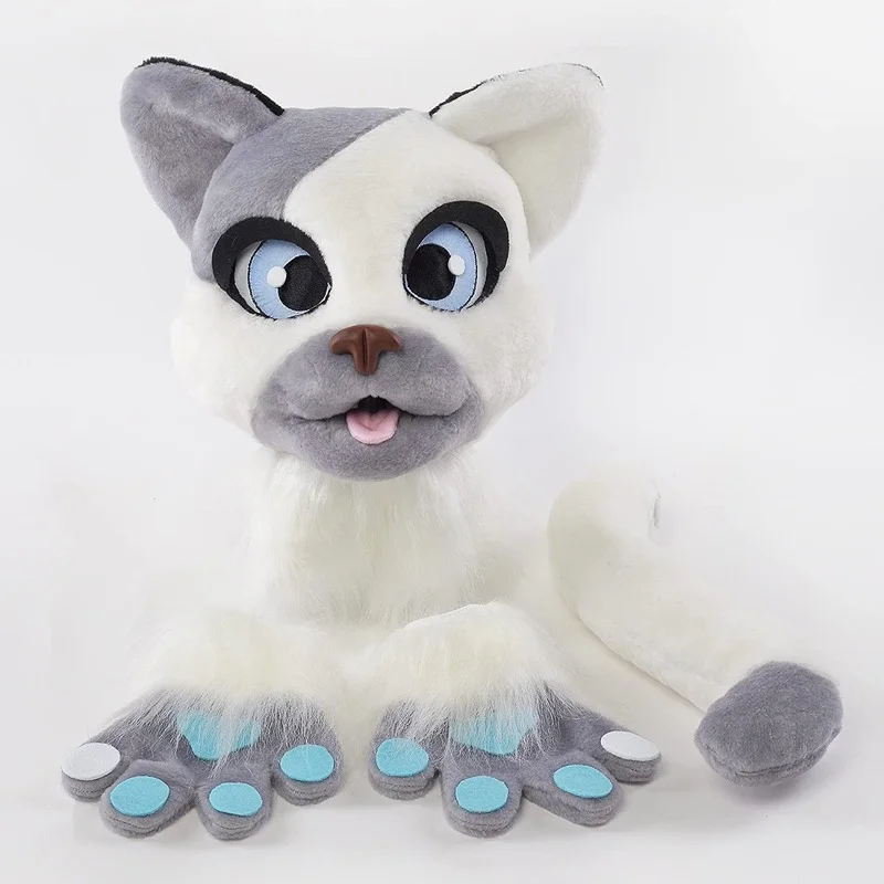 Cat Fursuit White Cat Mascot Accessories Head Paws Tail Cute Plush Cosplay Props for Children 9-15 Years Old