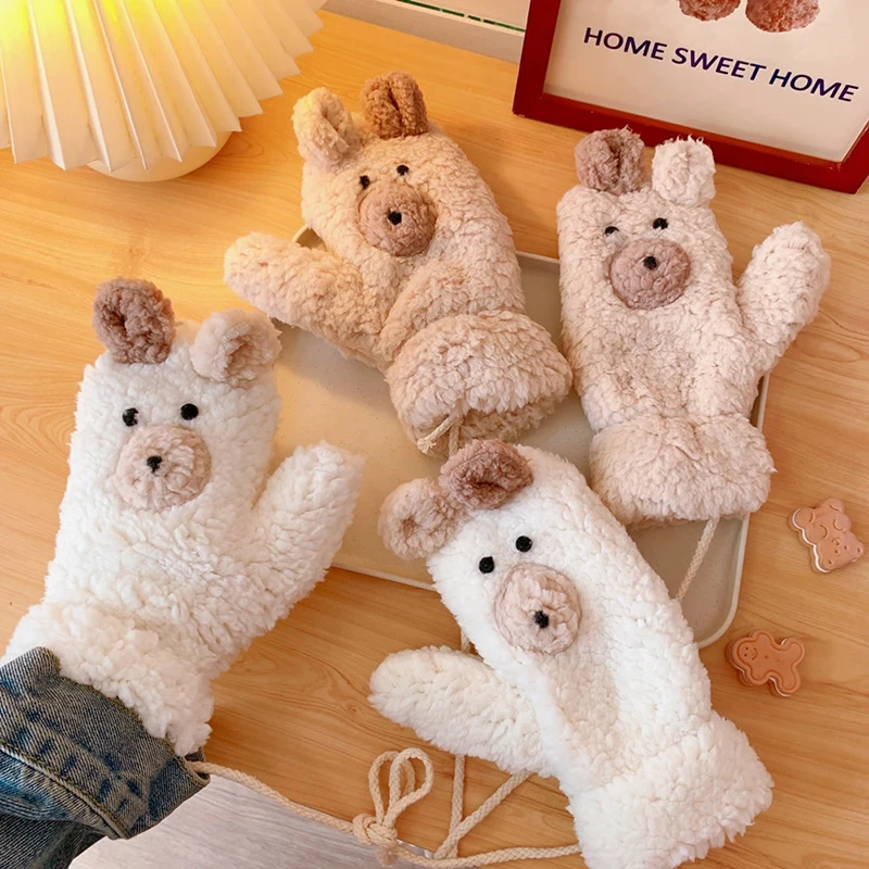 

Ear Bear Plush Gloves Winter Cold Proof Thick Warm Outdoor Cycling Neck Hanger Glove Cartoon Wrap Finger Mittens Christmas Gifts
