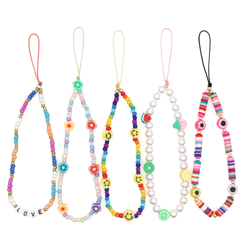 

Богемные Красочные акриловые бусины, искусственная цепь, ювелирные изделия для телефона, полимерная глина, очаровательные фрукты/цветы, строительный ремешок