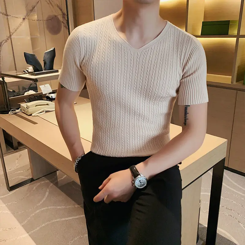 2023 Summer Thin Dark Striped T Shirt Men's Clothes Short Sleeved V Neck Slim Fit Elastic Tee Tops All-match Bottoming Shirt