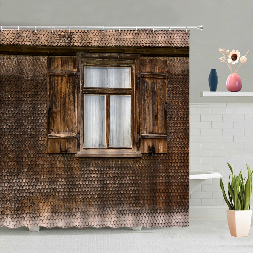 

Vintage Old Wooden Door Shower Curtain Farm Barn Plant Board Windows Brick Wall Retro Bath Curtains Modern Fabric Bathroom Decor