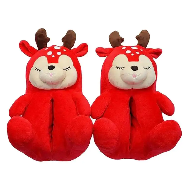

Fuzzy Slipper Stuffed Bedroom Slippers Cute Fuzzy Reindeer House Slippers Durable & LightweightFurry Christmas Moose Slippers