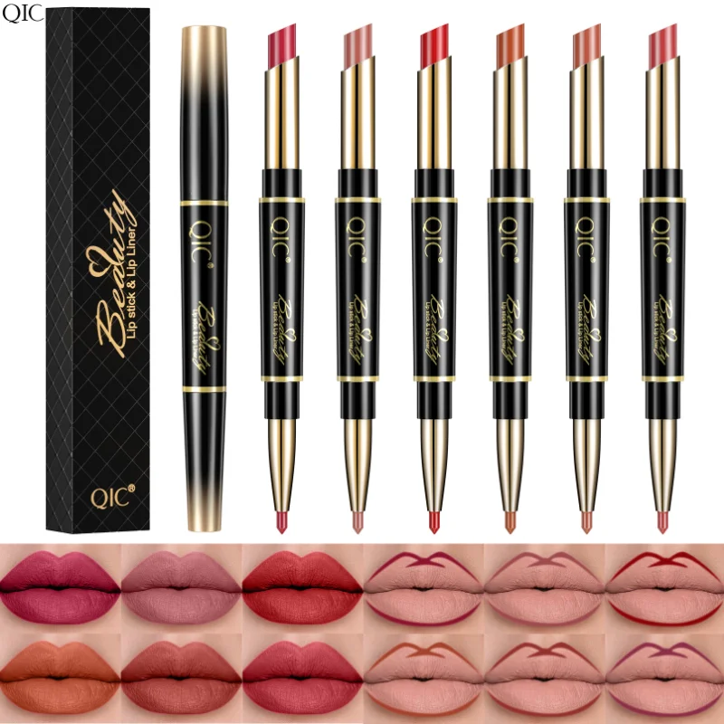QIC 2In1 High-quality Pen Lips Matte Waterproof Long Lasting Permanent Lipstick Lipstick with A Contour Pencil Makeup Cosmetics