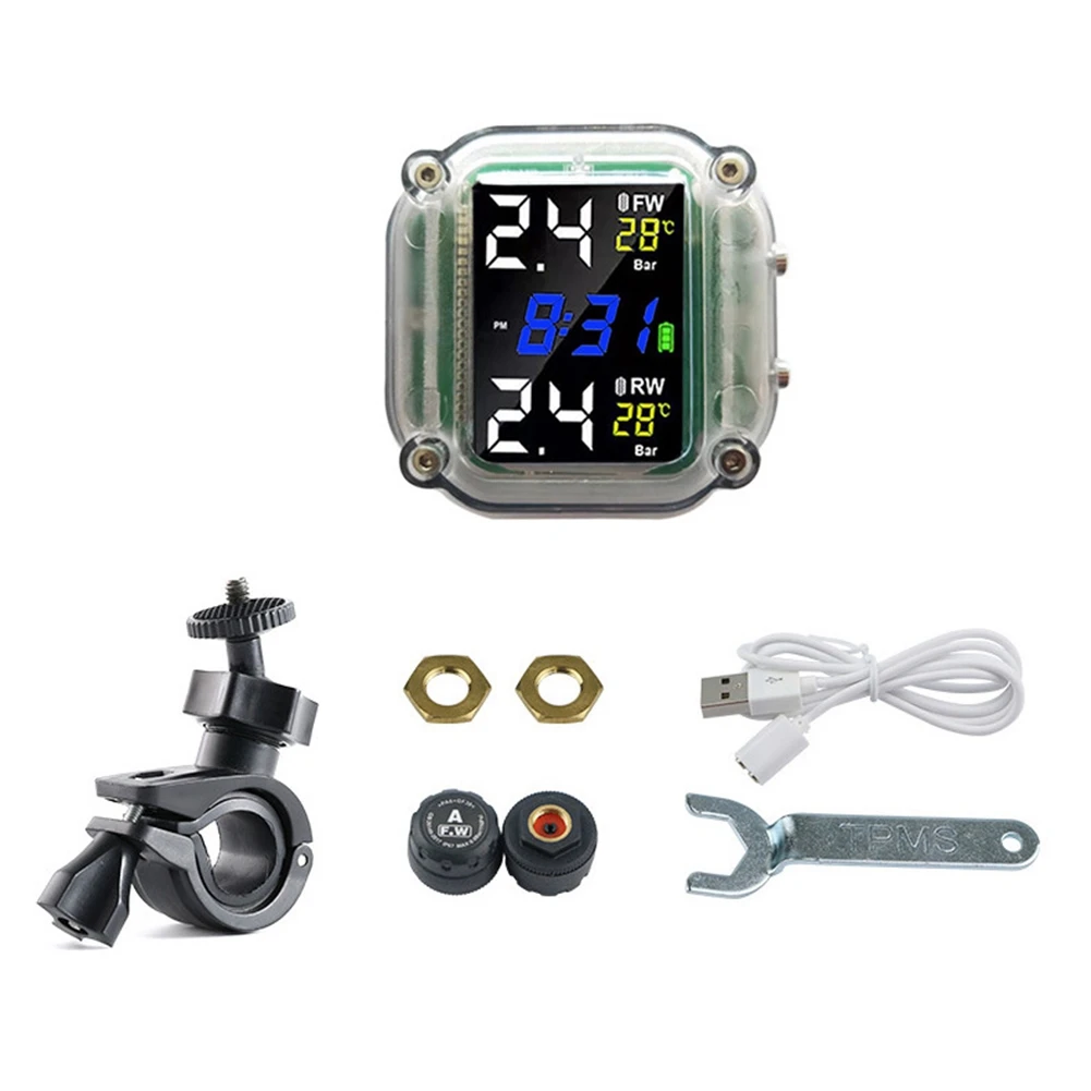 

Motorcycle TPMS Sensor Motor Tire Pressure Temperature Monitoring Alarm System LCD Display with 2 External Sensors