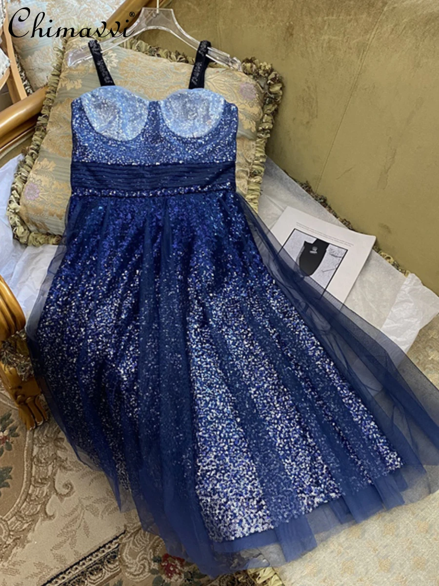 

2022 New Summer Fashion Sequins Mesh Spaghetti-Strap Dress Women Vacation Style High Waist Slimming Temperament Long Party Dress