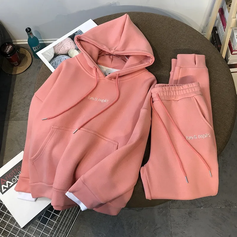 

Thick Fashion Women Tracksuits Women Fleece Warm Suit 2 Pieces Sets Hooded Long Pants Outfit Female Streetwear Autumn Winter