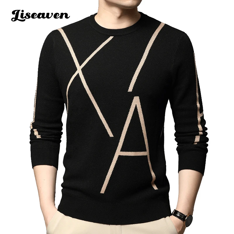 Liseaven 2022 Sweater Men O-Neck Brand Mens Print Black Sweaters Slim Fit Pullover Men Knitwear Male Pull Homme Clothing Jersey