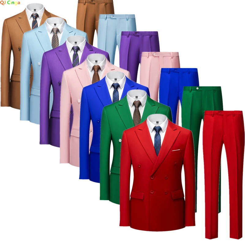 Pure Color Double-breasted Suit Two-piece Men's Fashion Slim Dress Jacket with Pants Wedding, Business Men Sets Red Blue Green